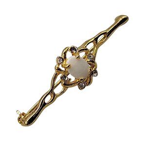 Faux Opal Rhinestone Accented Brooch Vintage Gold Tone Bar Pin Elegant Design